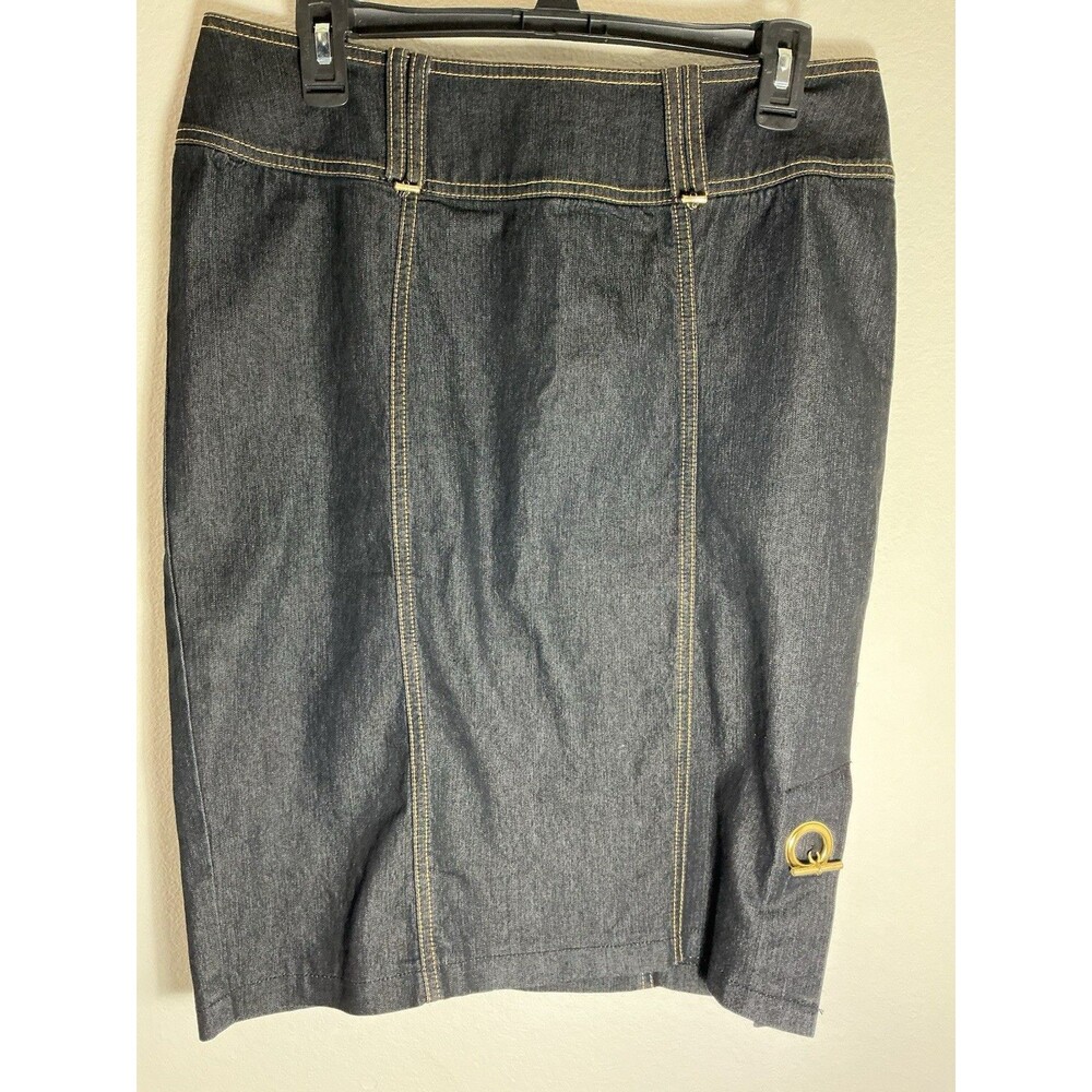 Bisou Bisou Dark Wash Denim Pencil Skirt Size 10 Gold Ring Detail Back Zip